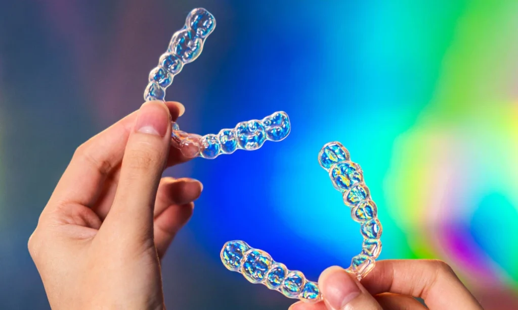 Hands holding clear aligners against a rainbow reflective background