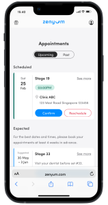 A mobile device showing the appointment scheduling feature in the new ZenyumClear™ Smile Journey