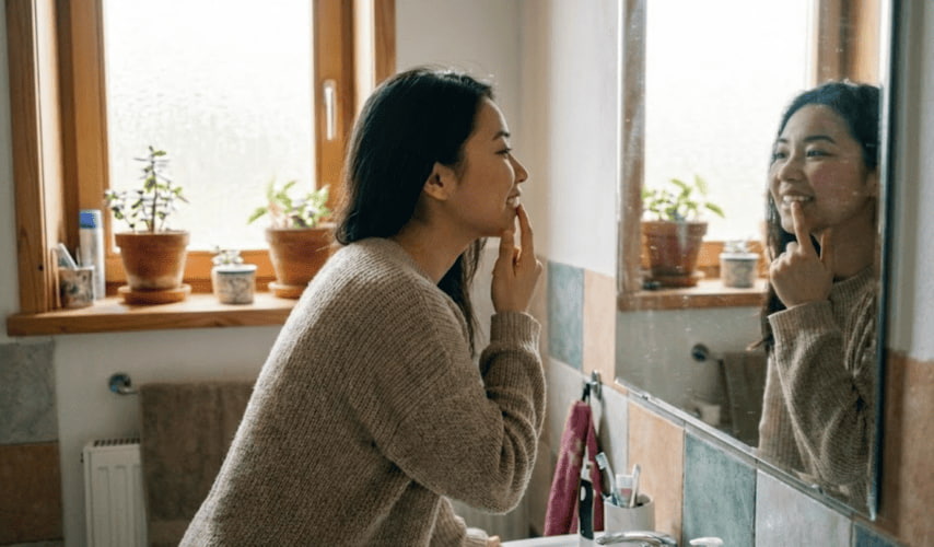一名女生正照鏡子看自己的牙齒
